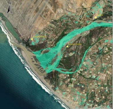Simulated riverine flood extent along a river reaching the Pacific coast
