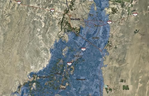Flood hazard layer over Piura and Catacaos, northern Peru